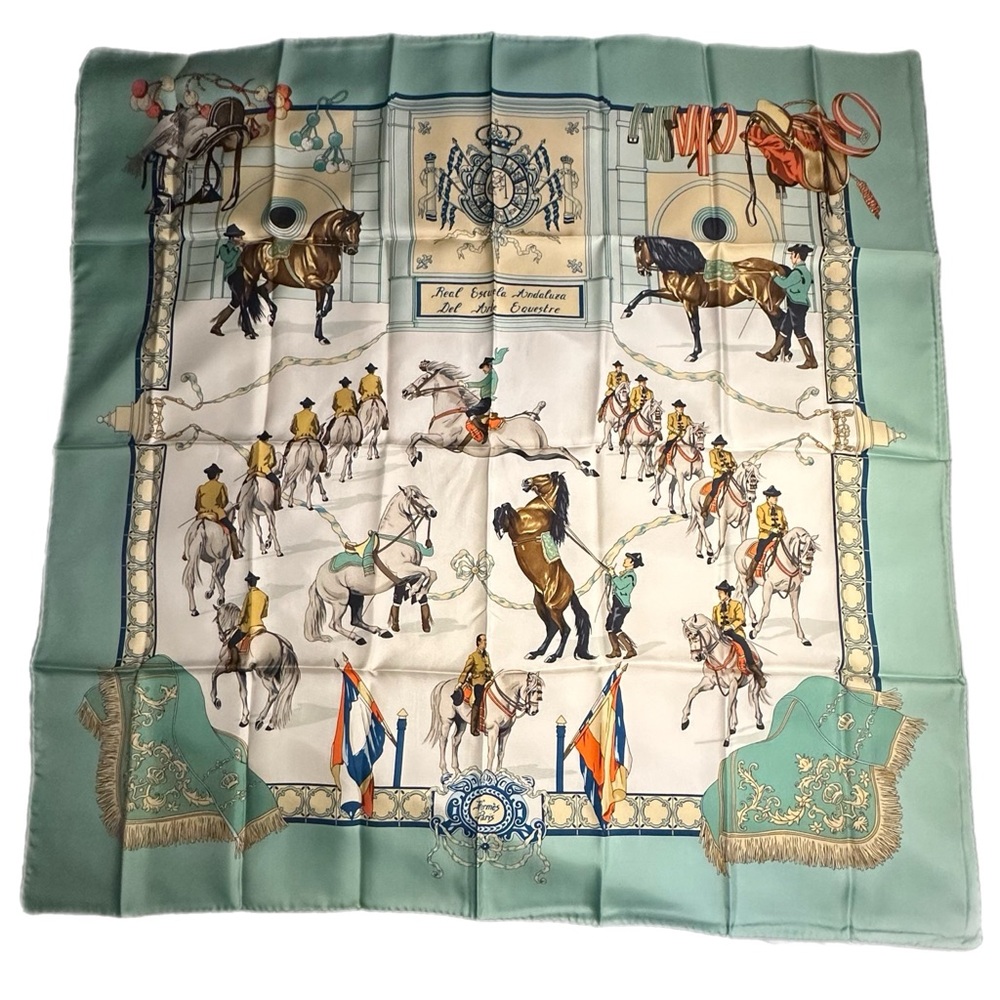 Unused Hermes Equestrian Scarf in Cream and aqua tone.